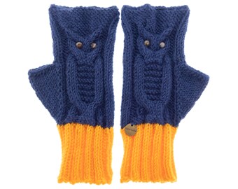 Mitts, Texting Mittens, Best Fingerless Gloves and Mittens for Women with Knitted Crochet Owl with Agate, for Ladies