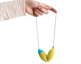 Knit Necklace Green Yellow, Lightweight Crochet Jewelry, Urban Statement Necklace, Handmade Fiber Jewelry, Gift for Her