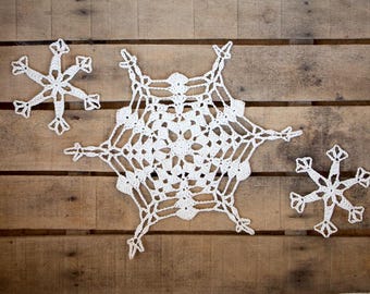 Handmade Crochet Snowflake Ornaments. Set of Organic Cotton Lace Snowflakes, Christmas Tree Decorations, Winter Holiday Decor Rustic Natural
