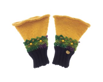 Cashmere Mittens Fingerless, Womens Gloves Wrist Warmers of Black and Mustard Yellow with Lace, Designer Ladies Cuffs