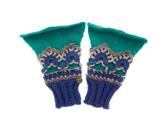 Fingerless Gloves Lace Womens, Blue Lacy Half Finger Cashmere Mittens, Ladies Gloves Winter