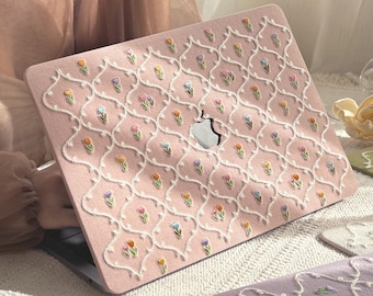 Pink Floral 3D Embroidery Unique Handmade For MacBook Case. Neo 13 Mac Air 13.6 Mac Pro 13 14 15 16 M1 M2 M3 M4 M5 2020-2025 Aesthetic Cover