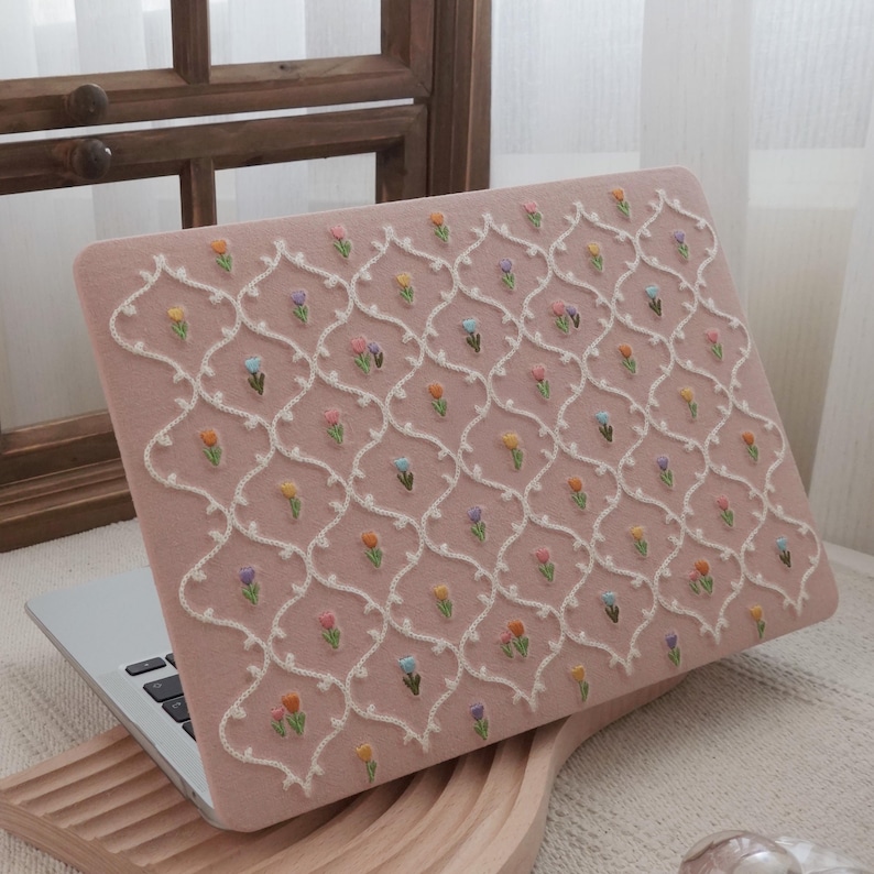 Pink Floral Embroidery Unique Handmade For MacBook Case Classical Beauty Cover Laptop Case Mac Air 13 Mac Pro 13 14 Inch Laptop M1 M2 M3 M4 image 3