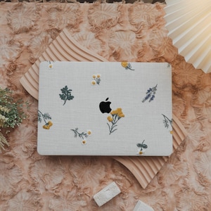 Embroidered Floral MacBook Case: White Linen, Elegant Flower Design