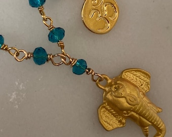 Elephant Ganesha Om Gold Filled Necklace, Ganesha Charm, Blue crystal gold necklace, Yoga Inspired Jewelry