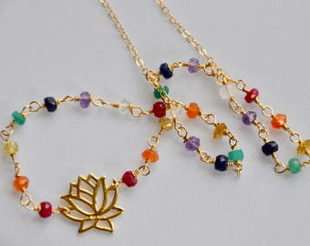 Chakra Colors Lotus Gold Filled Gemstone Necklace, Yoga Inspired, Multi gemstone necklace, Chakra Necklace