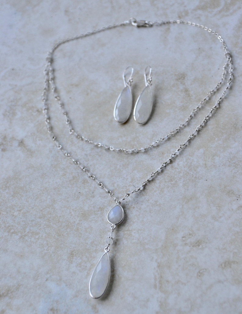 Silver Moonstone Double Strand Necklace Earrings Set