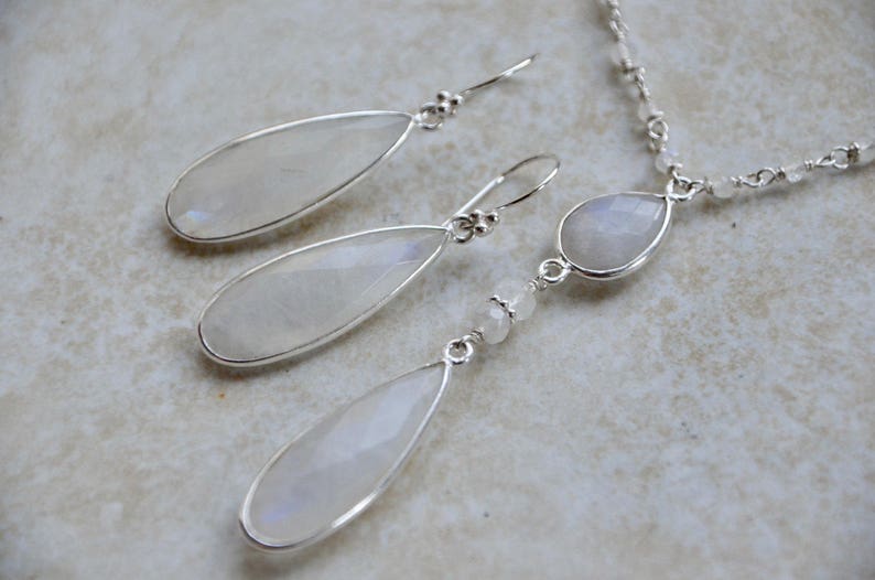 Silver Moonstone Double Strand Necklace Earrings Set
