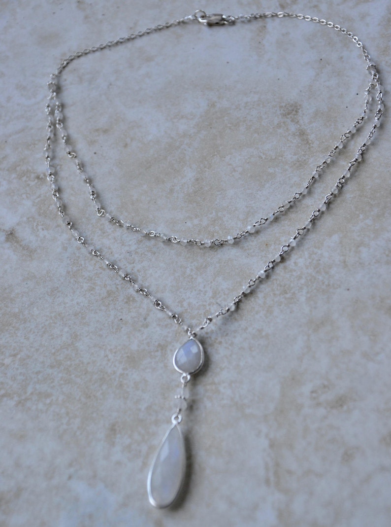 Silver Moonstone Double Strand Necklace Earrings Set
