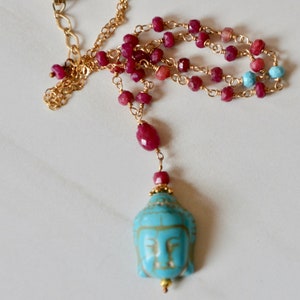 Blue Buddha Necklace with Ruby and Turquoise Yoga Inspired Jewelry