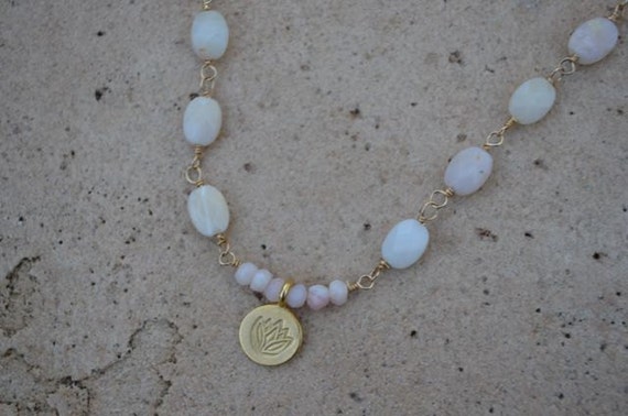 Pink Opal Lotus Flower Charm Necklace October Birthstone