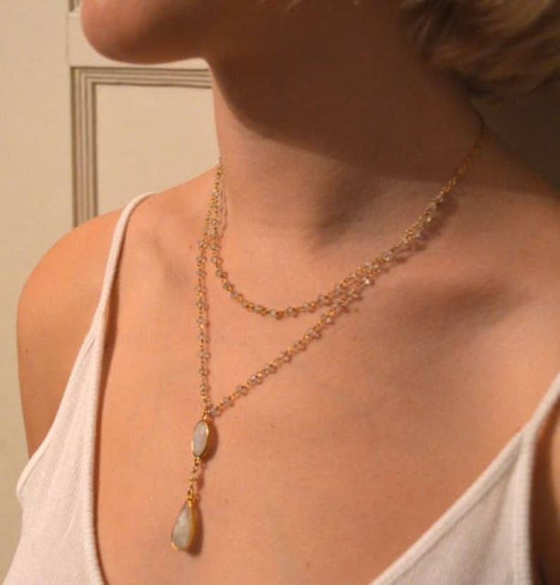 Silver Moonstone Double Strand Necklace Earrings Set