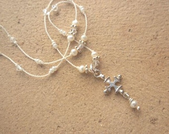 Silver cross on white silk thread with pearls delicate necklace choker