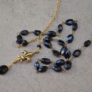 Black Spinel Fleur de Lis necklace gold filled