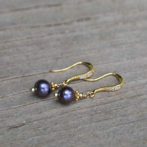 Black pearl earrings gold filled, rose gold, or silver cz wires