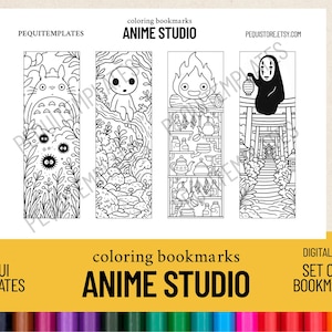 May include: Set of four black and white coloring bookmarks featuring anime-style illustrations. Each bookmark showcases a different design, including characters and scenes. The text "ANIME STUDIO" is displayed prominently. The bookmarks are a digital file.