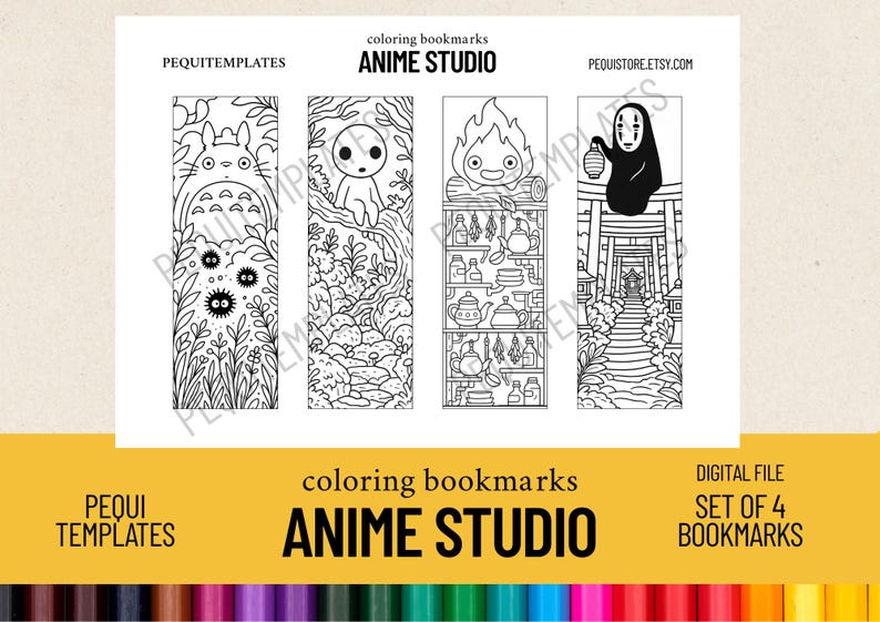 May include: Set of four black and white coloring bookmarks featuring anime-style illustrations. Each bookmark showcases a different design, including characters and scenes. The text "ANIME STUDIO" is displayed prominently. The bookmarks are a digital file.