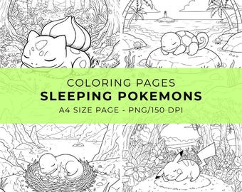 May include: Black and white coloring pages featuring sleeping Pokémon characters in various outdoor settings. The text "COLORING PAGES SLEEPING POKEMONS" is displayed. The pages are A4 size, PNG format, and 150 DPI.