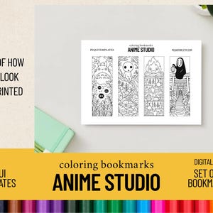 May include: A set of four black and white coloring bookmarks featuring Anime Studio characters. The bookmarks are displayed on a white background with the text "ANIME STUDIO" and "DIGITAL FILE SET OF 4 BOOKMARKS".