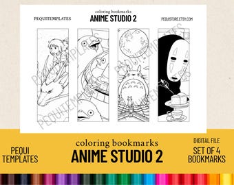 May include: Set of four coloring bookmarks featuring anime characters. Each bookmark showcases a different design, including a dragon, a character with a bird, Totoro, and a figure with a mask. The text "ANIME STUDIO 2" is also visible.