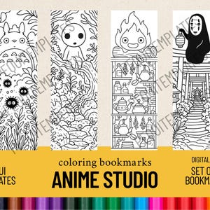 May include: Set of four black and white coloring bookmarks featuring anime characters and scenes. Designs include Totoro, a forest spirit, a fire demon, and a figure in a traditional Japanese setting. The text "coloring bookmarks" and "ANIME STUDIO" are also visible.