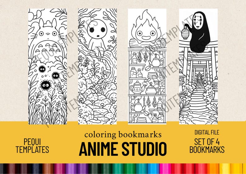May include: Set of four black and white coloring bookmarks featuring anime characters and scenes. Designs include Totoro, a forest spirit, a fire demon, and a figure in a traditional Japanese setting. The text "coloring bookmarks" and "ANIME STUDIO" are also visible.
