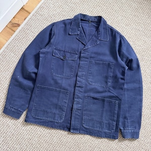 Vintage-Arbeitsjacke aus den 70er Jahren, französischer Stil, abgenutzt, blau, verwaschen, Baumwolle, Größe 46