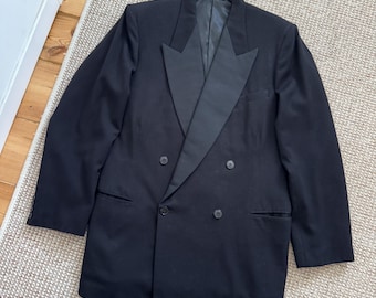 1950s Antique Vintage Burton Black Wool Double Breasted Bespoke Edwardian Retro Dinner Jacket