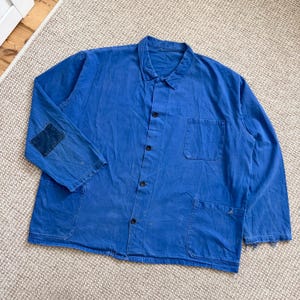 Vintage Franse werkjas uit de jaren 70 van vervaagd blauw katoen, Sanfor-look, maat XXL