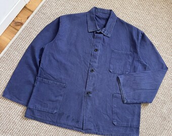 70s French Washed Sanfor Vintage Faded Blue Cotton Chore Stained Workwear Distressed Jacket