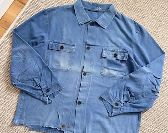 60s 70s Vintage German HBT Faded Blue Herringbone Twill Cotton