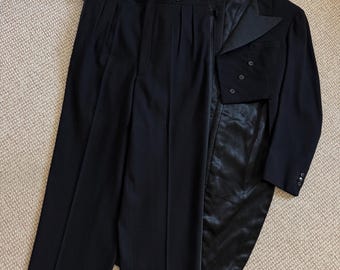 Antieke, zeldzame heren retro klassieke wollen avondjas uit de jaren 1930-1940, tweedelig pak, op maat gemaakt, vintage jasje met ophanglus en hoge taillebroek.
