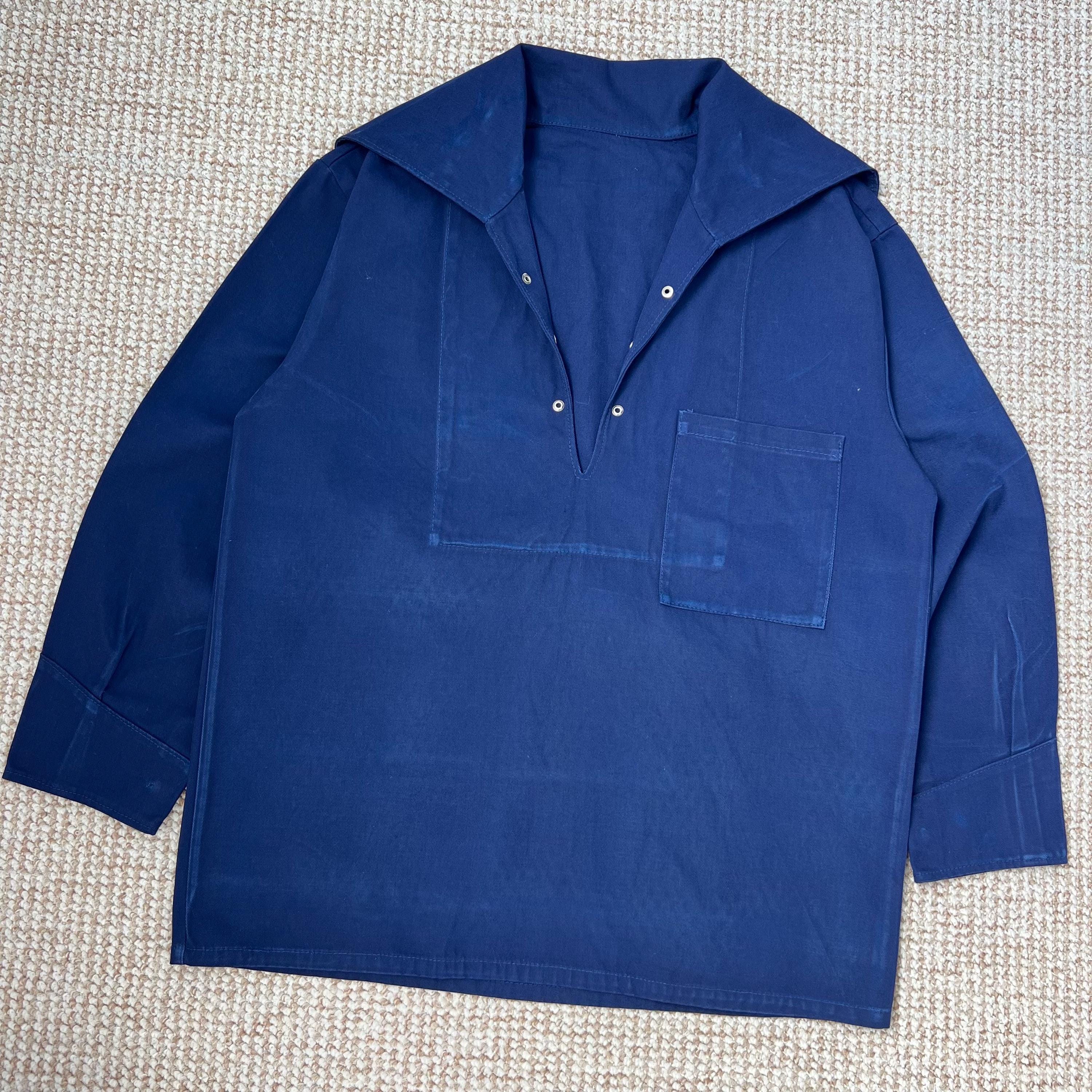 Vintage Faded French Blue Cotton Fisherman Smock Pullover Vintage Faded French Blue Cotton Fisherman Smock Pullover