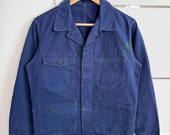 French Vintage Sanfor Very Worn Blue Cotton Stained Workwear Distressed Painter Jacket Size 46