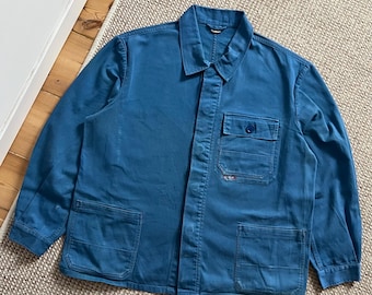 French Worn Vintage Faded Blue Cotton Sanfor Chore Workwear Utility Canvas Jacket 54