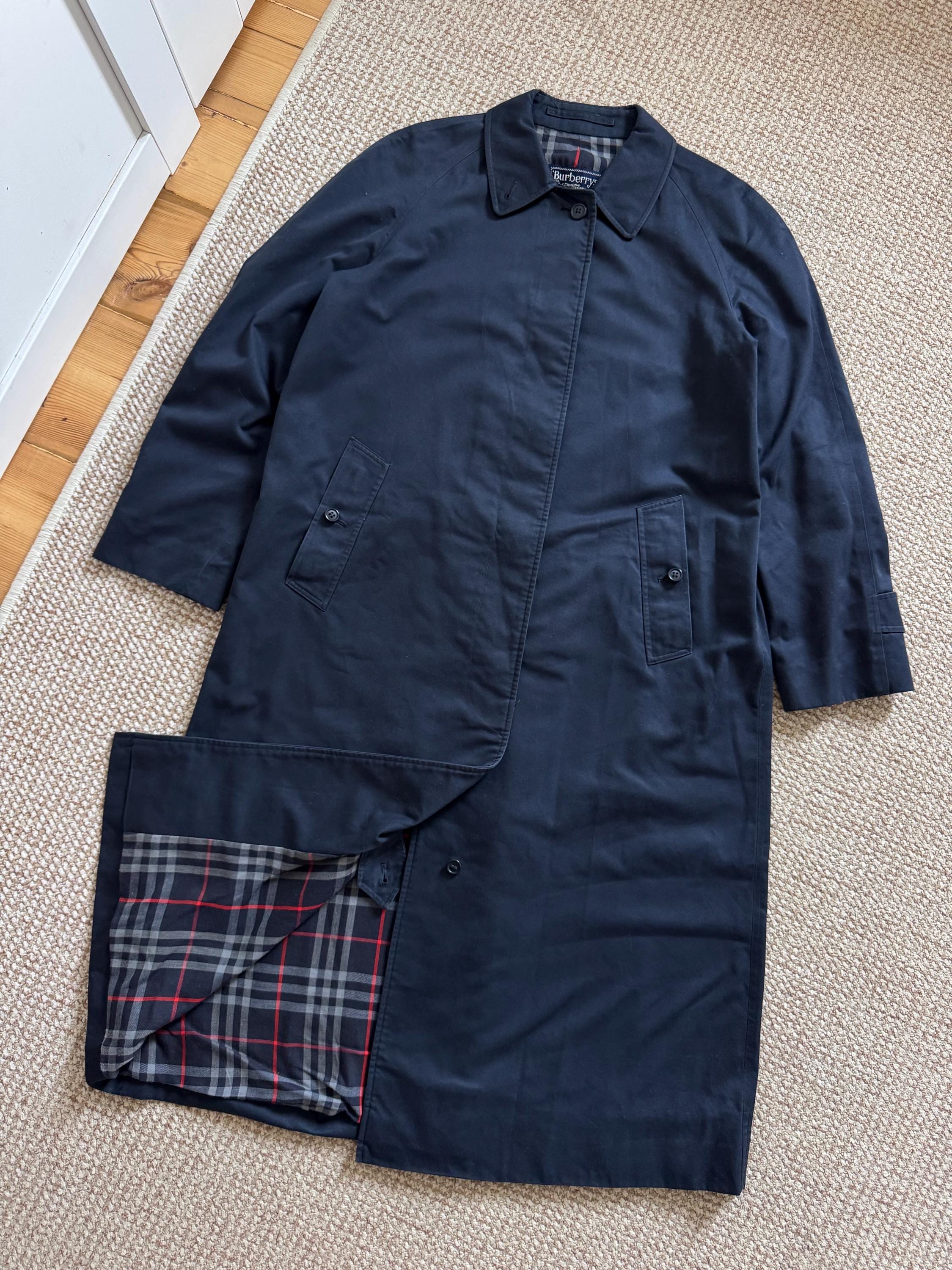 Burberry, Burberry’s Woman’s Nova Check Long Trench Vintage Navy Blue Coat Size 12 made in England