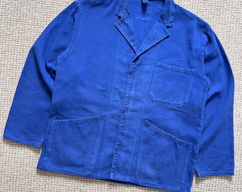 70s EURO VINTAGE FRENCH WORKER ボロジャケット 60s Style French Chalk Blue Cotton Twill Canvas Chore Jacket