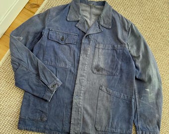 70-80s Lutteurs Vintage Sun Faded Denim Stained Works Cotton Distressed French Sanfor Worn Retro Utility Chore Jacket size 48