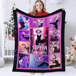 May include: A black blanket featuring a grid of Spider-Gwen illustrations in various action poses, set against a vibrant pink and purple backdrop. The blanket has a black border with white star accents and the name "SOPHIA" and "SPIDER-GWEN" in the center.