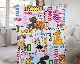 Custom Disney Cartoon All Cats Character Fleece Blanket, Personalized Cheshire Aristocats Lion Disney Cat  Blanket for Cat Lover UN3207