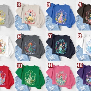 Puede incluir: Una colecci&oacute;n de sudaderas en varios colores, cada una con un gr&aacute;fico de princesa diferente dentro de un marco decorativo. Las sudaderas se muestran con vaqueros azules. Los colores incluyen gris, beige, azul, marr&oacute;n, blanco, gris oscuro, negro, rojo, verde, rosa y morado.