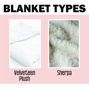May include: Image showcasing two types of blankets. The left side features a folded white Velveteen Plush blanket, while the right side displays a close-up of a fluffy white Sherpa blanket. The text "BLANKET TYPES" is at the top.