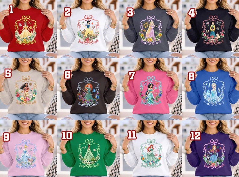Puede incluir: Una colecci&oacute;n de sudaderas de cuello redondo en varios colores, cada una con un gr&aacute;fico de princesa diferente dentro de un marco decorativo. Las sudaderas son rojas, blancas, grises, negras, beige, marrones, rosas, azules, rosa claro, verdes, blancas y moradas.