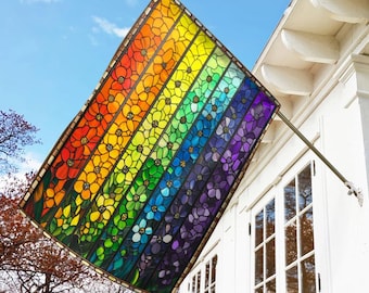 Floral LGBT Stained Glass Art Garden Flag, Rainbow Flower Yard Banner, Pride Month Outdoor Decor, LGBTQ+, Inclusive Yard Flag UNZX12