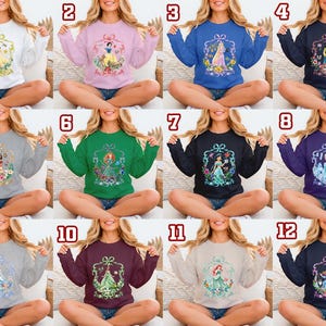 Puede incluir: Una colecci&oacute;n de doce sudaderas en varios colores, cada una con un dise&ntilde;o de princesa diferente. Las sudaderas son de manga larga y tienen cuello redondo. Los dise&ntilde;os de princesas est&aacute;n enmarcados por arreglos florales y lazos.