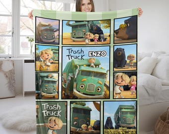 Trash Truck Blanket, Personalized Trash Truck Fleece Blanket, Custom Name Kid Baby Blanket, Birthday Gift, Christmas Gifts SKXE06