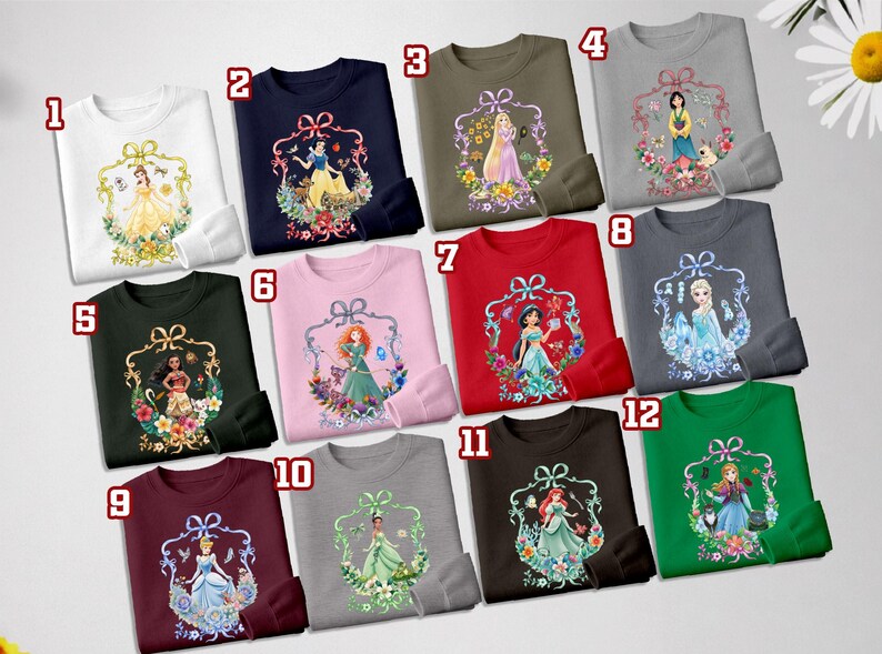 Puede incluir: Una colecci&oacute;n de sudaderas en varios colores, cada una con un dise&ntilde;o de princesa diferente dentro de un marco floral decorativo. Las sudaderas se muestran sobre un fondo claro, mostrando la variedad de colores y dise&ntilde;os.