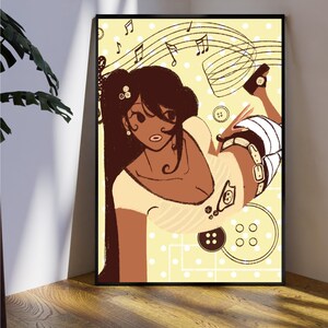 Plakat Vintage Button Girl z satyny | Nuty muzyczne, retro pop art