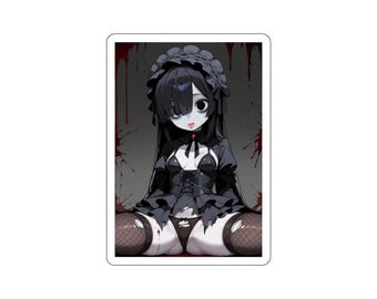 Halloween Anime Creepy Doll Chick Manga Sticker In Black dDie-Cut Stickers