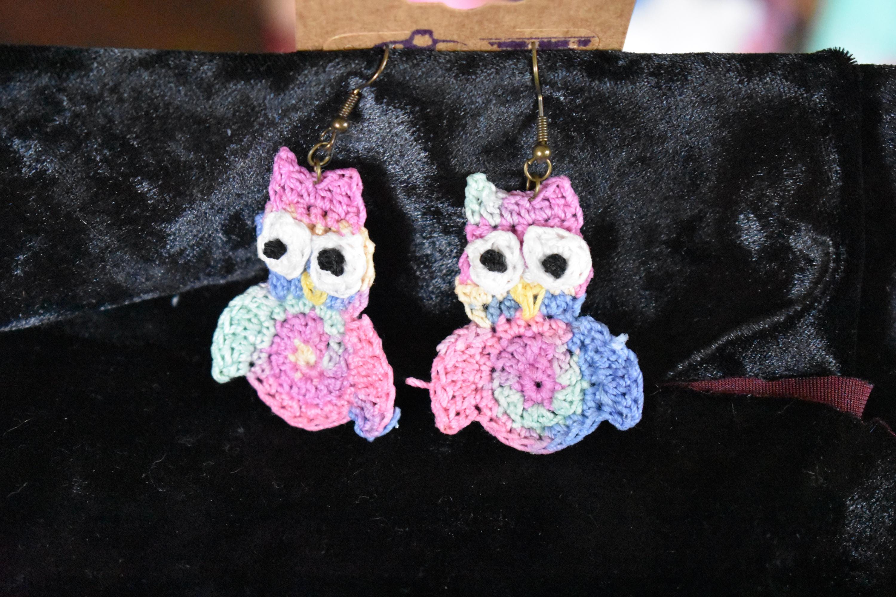 crochet rainbow owl earrings